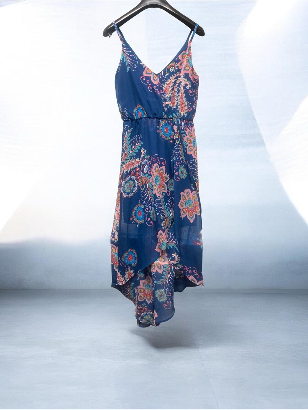 Iz Byer Navy Floral High-Low Dress with Pink and Teal Accents